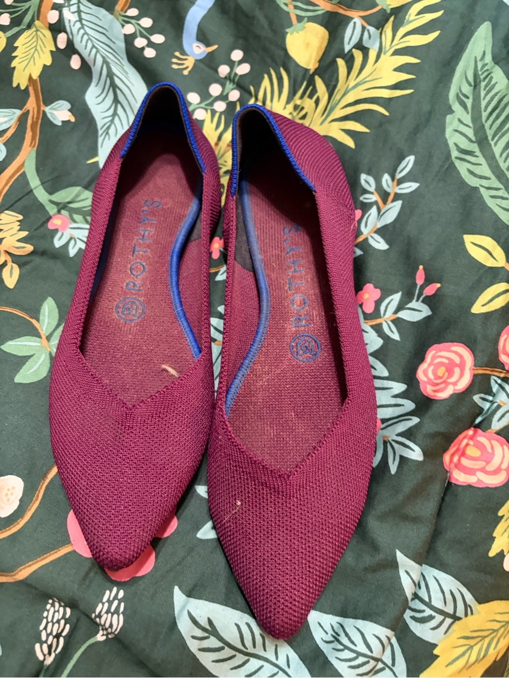Rothy's Women's Pointed Knit Flats in Wine with Blue Trim